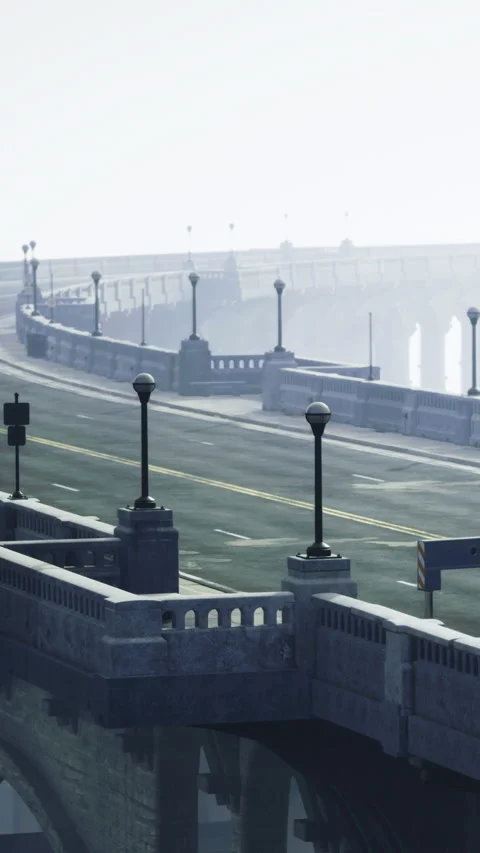 View of a bridge with empty road and street lamps during early morning light Stock Footage 334166879