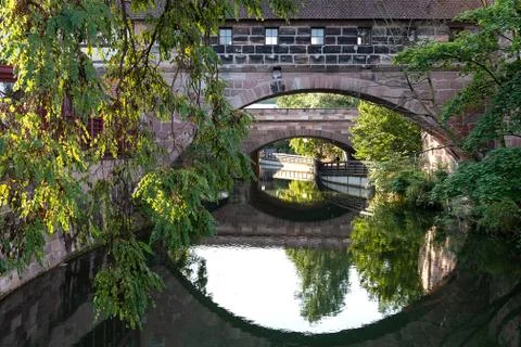 View of the bridge in the form of a building on the Pegnitz River in Nurember Stock Photos