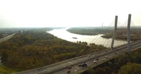 View Of A Bridge Looking On A City Center. Aerial Shot Stock Footage 86320025
