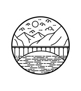 View of the bridge with mountains in the background on the day in mono line Stock Illustration