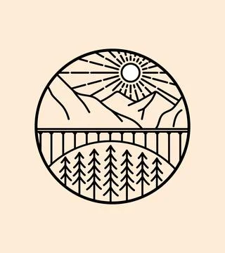 View of the bridge with mountains in the background wild line badge patch pin Stock Illustration