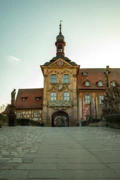 A view from a bridge to the old town hall in Bamberg Stock Photos