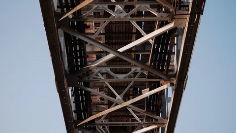 View of the bridge over the river from under the bridge. Monumental structures. Stock Footage 108958425