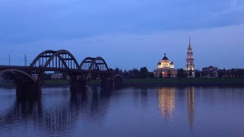 View of the bridge over the Volga and the Transfiguration Cathedral. Rybinsk Stock Footage 116735807