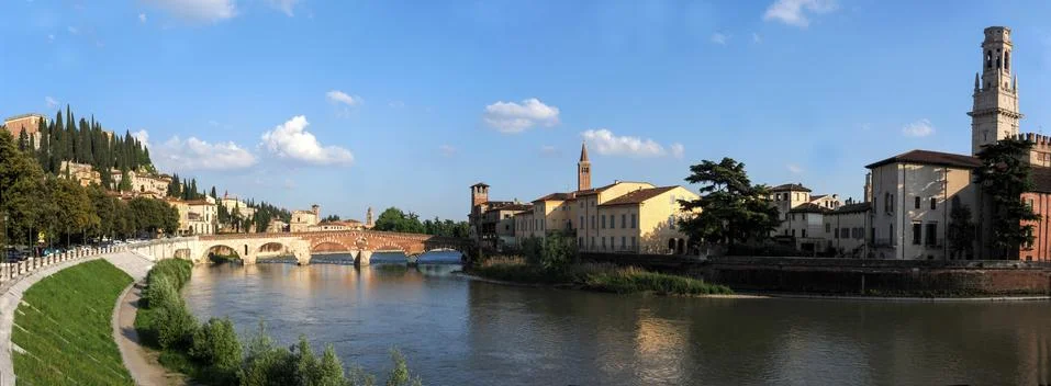 View to Bridge Ponte Pietra in Verona on Adige river Stock Photos