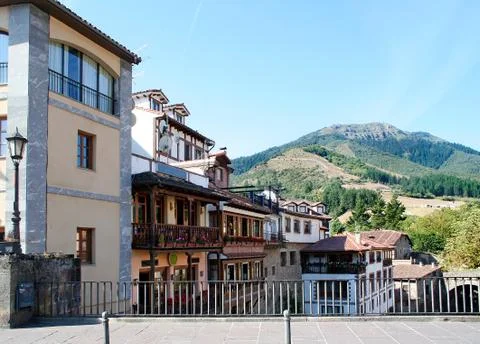 View from the bridge in Potes to the mountains Stock Photos