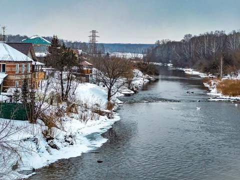 View from the bridge to the river in winter Stock Photos