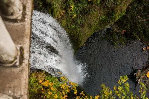 View from the bridge of the second section of Multnomah Waterfall located at Stock Photos