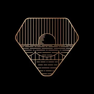 View of the bridge with sunset over the ocean in mono line art Ilustración de archivo