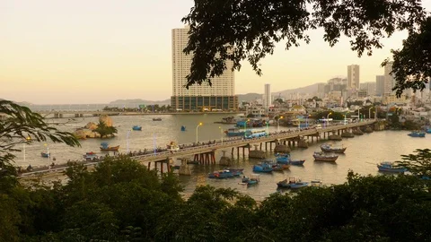 View of the bridge with traffic at sunset Stock Footage 124833156