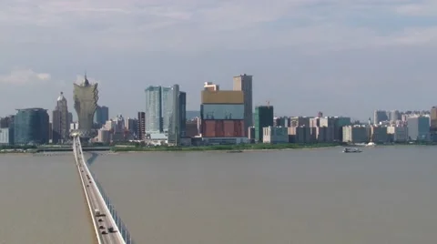 View to the bridge, TV tower and modern buildings in Macau, China. Video stock 60812891