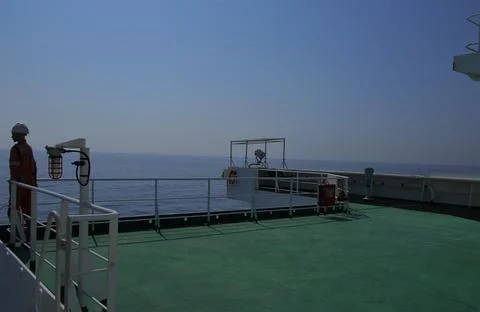View from the bridge wings of a ship Stock Photos