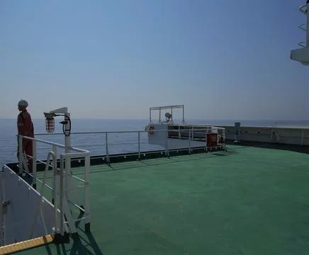 View from the bridge wings of a ship Stock Photos