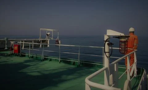 View from the bridge wings of a ship Stock Photos
