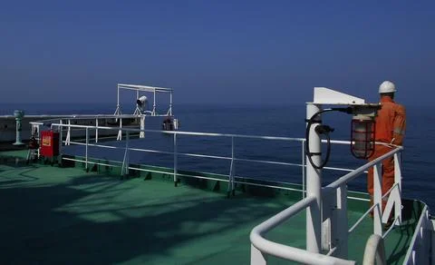 View from the bridge wings of a ship Stock Photos