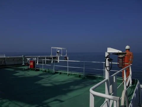View from the bridge wings of a ship Stock Photos