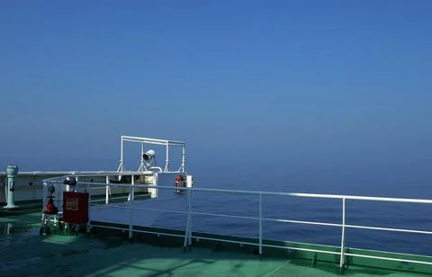View from the bridge wings of a ship Stock Photos