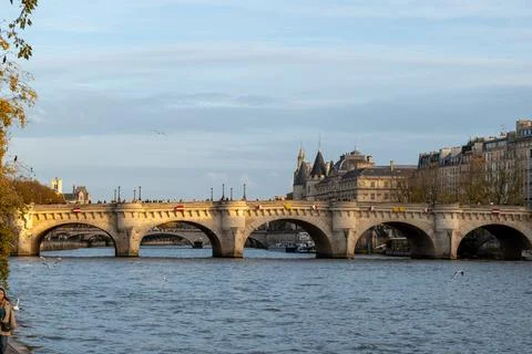 View on bridges, embarkment of Seine river, streets, buildings, parks and m.. Stock Photos