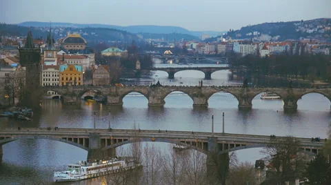View on Bridges over the Vltava River in Prague Stock Footage 64552756