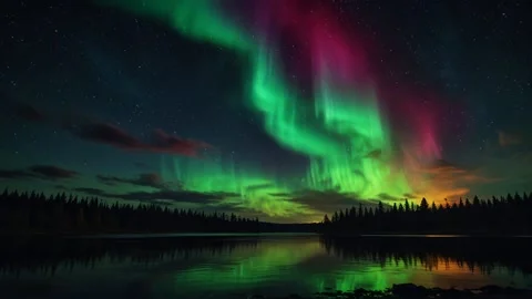 View of bright green and red aurora over snowy mountains and lakes. Stock Footage 296664880