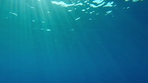View of bright sunrays illuminating turquoise water of the Ocean, Slow motion Stock Footage 304003925