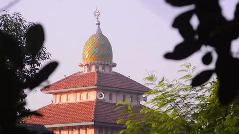 View of the brightly colored roofs and domes of the mosque. 스톡 동영상 292281036