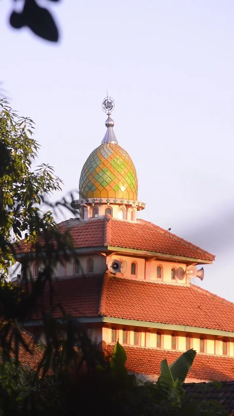 View of the brightly colored roofs and domes of the mosque. 스톡 동영상 292281148
