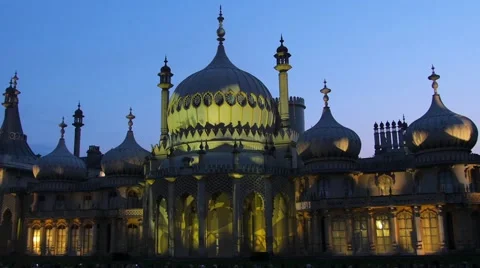 View of the Brighton pavilion floodlit at night Stock Footage 68079963