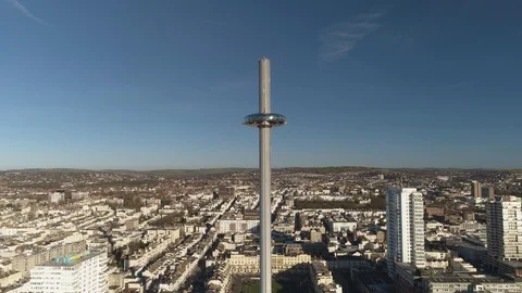 View from British Airways i360 looking over Brighton town, drone aerial 4K Stock Footage 101209904