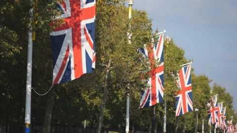 A view of the British flags row hanging on the street. Stock Footage 162680923