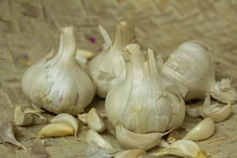 View of broken down garlic pieces and the whole ones. Stock Photos