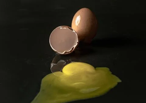 View of Broken egg yolk with Broken raw chicken eggshell in front of Fresh .. Stock Photos