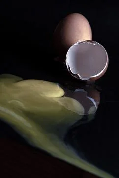 View of Broken egg yolk with Broken raw chicken eggshell in front of Fresh .. Stock Photos