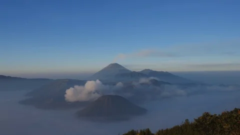View of Bromo volcano, Mount Semeru and Mount Batok from Mount Penanjakan Stock Footage 83606174