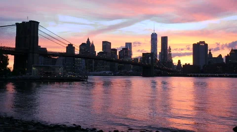 View on the Brooklyn Bridge and Manhattan, sunset Stock Footage 65748681