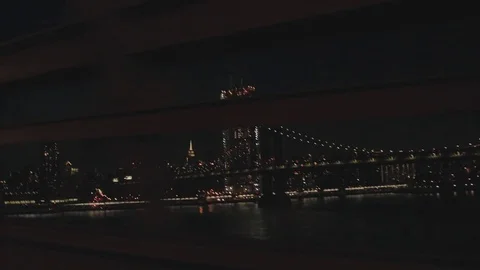 View to a Brooklyn Bridge at Night Stock Footage 79849677