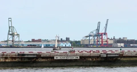 View of the Brooklyn skyline and Manhattan’s heliport pier Stock Footage 77506166