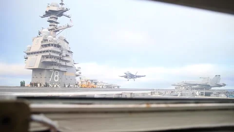View from Bubble of F/A-18 Hornet landing aboard USS Gerald R. Ford CVN 78 Stock Footage 221329241