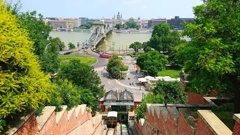 View from Buda Castle Funicular, showcasing the Chain Bridge and the Danube Stock Photos