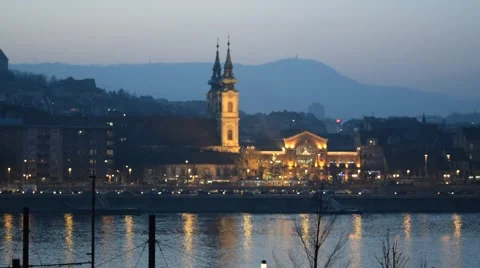 View of Buda over the Danube River at Dusk. Budapest, Hungary Stock Footage 47708593