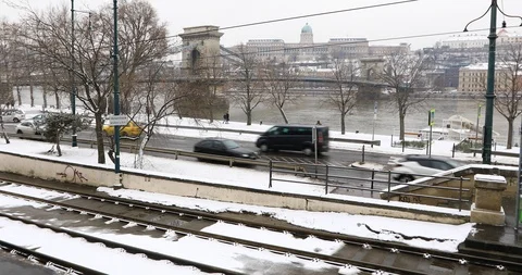 A view of Budapest city traffic at winter Stock Footage 102346121