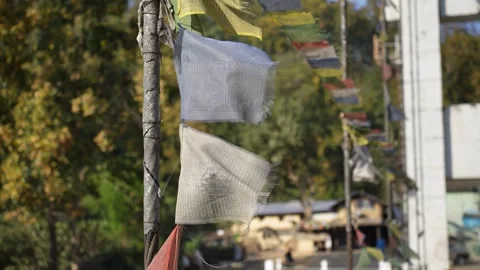 View of Buddhist prayer flags fluttering in the wind, Nepal. Video stock 335468226