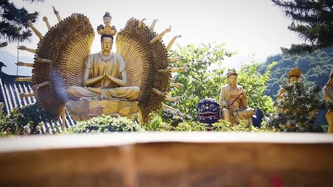 View of buddhist statues in 1000 Buddhas Temple, in Hong Kong. Stock Footage 72332764