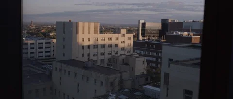 View of building in Buffalo, NY through a window Stockbeeldmateriaal 127331705