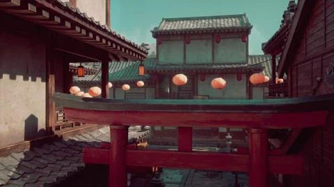 A view of a building with lanterns hanging from it's roof Ilustración de archivo