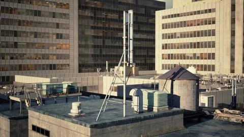 A view of a building with a satellite dish on top of it Stock Illustration