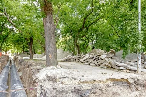 View on building site in deciduous park Fotos de archivo