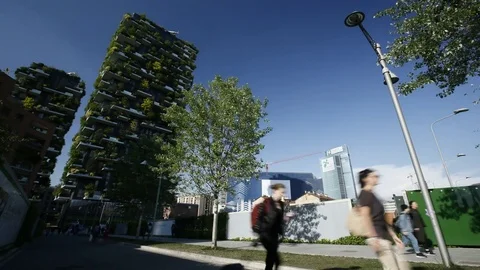View of the buildings called Vertical forest in Milan, Italy. Time lapse, 4K Stock Footage
