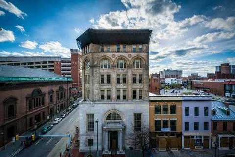View of buildings at the intersection of Eutaw and Fayette Streets, near Lexi Stock Photos