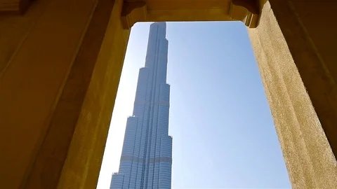 View to Burj Khalifa in Dubai, UAE, the tallest building from Souk Al Bahar Stock Footage 77656026